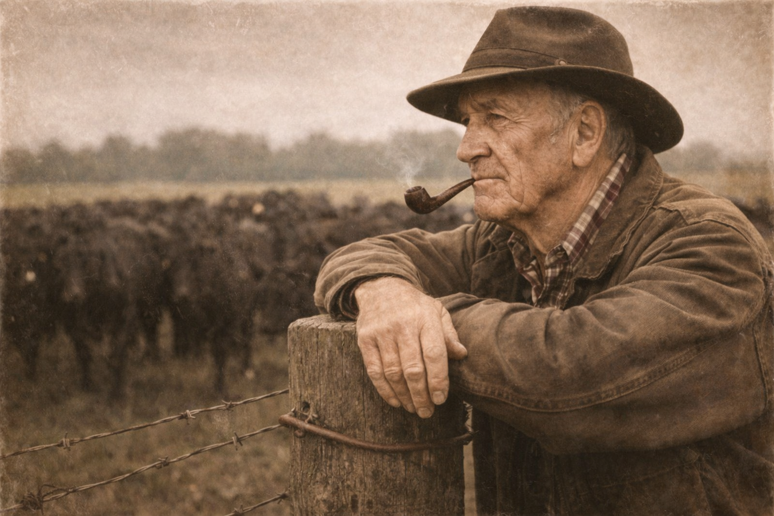 Bobby Dawson leaning on a fence post overlooking the pasture